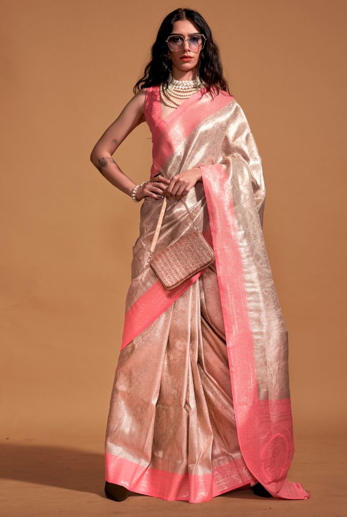 Buy MySilkLove Old Lace Pink and Cream Woven Kanjivaram Silk Saree Online