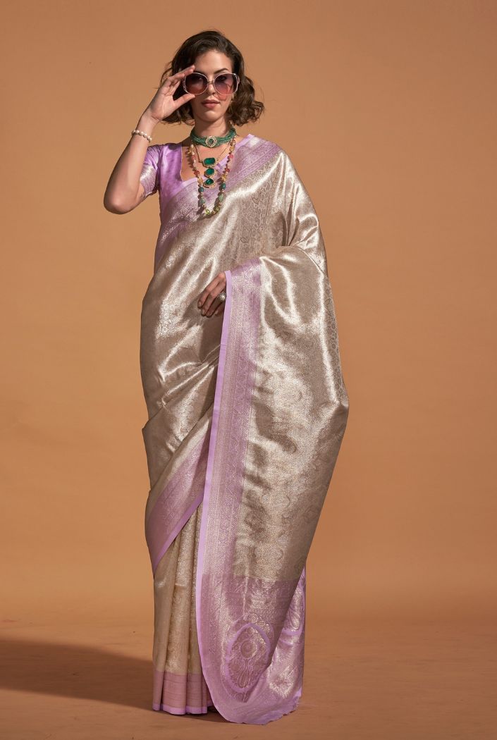 MySilkLove Bone Cream and Lavender Woven Kanjivaram Silk Saree