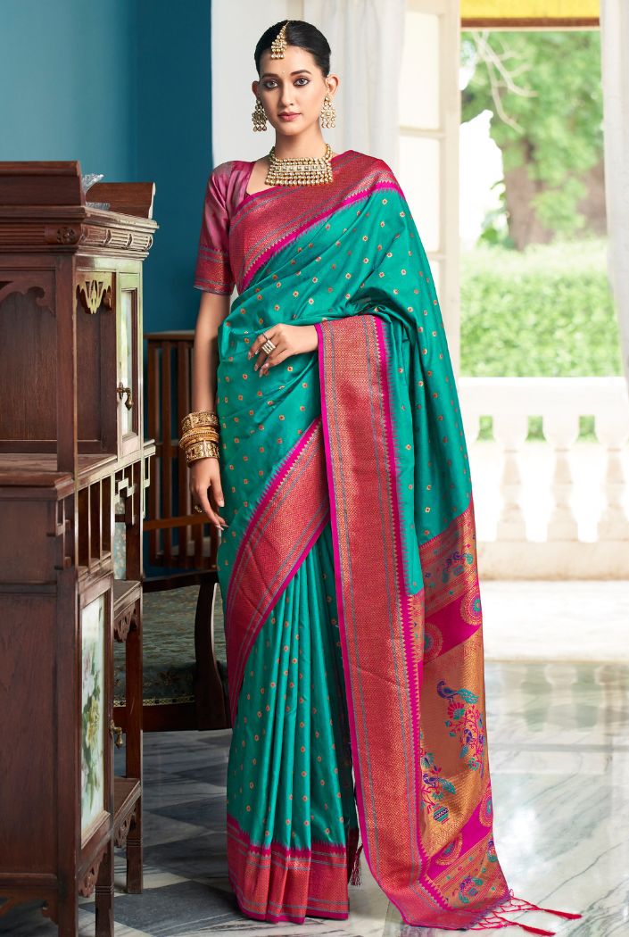 Buy MySilkLove Emerald Green Woven Paithani Silk Saree Online