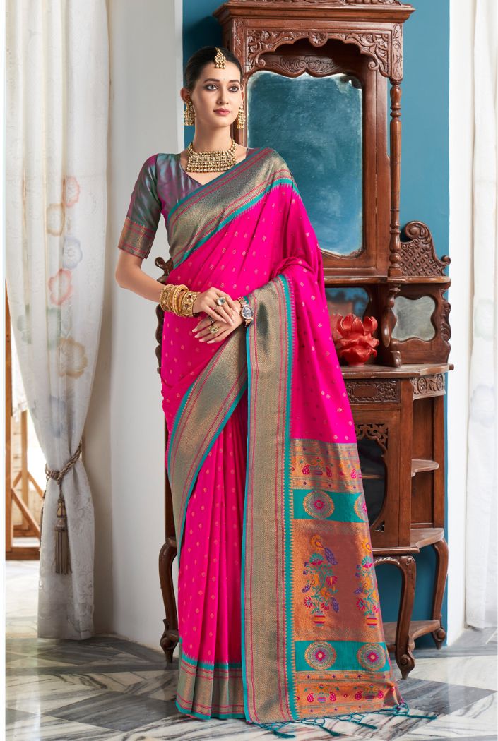 Buy MySilkLove Rose Pink Woven Paithani Silk Saree Online