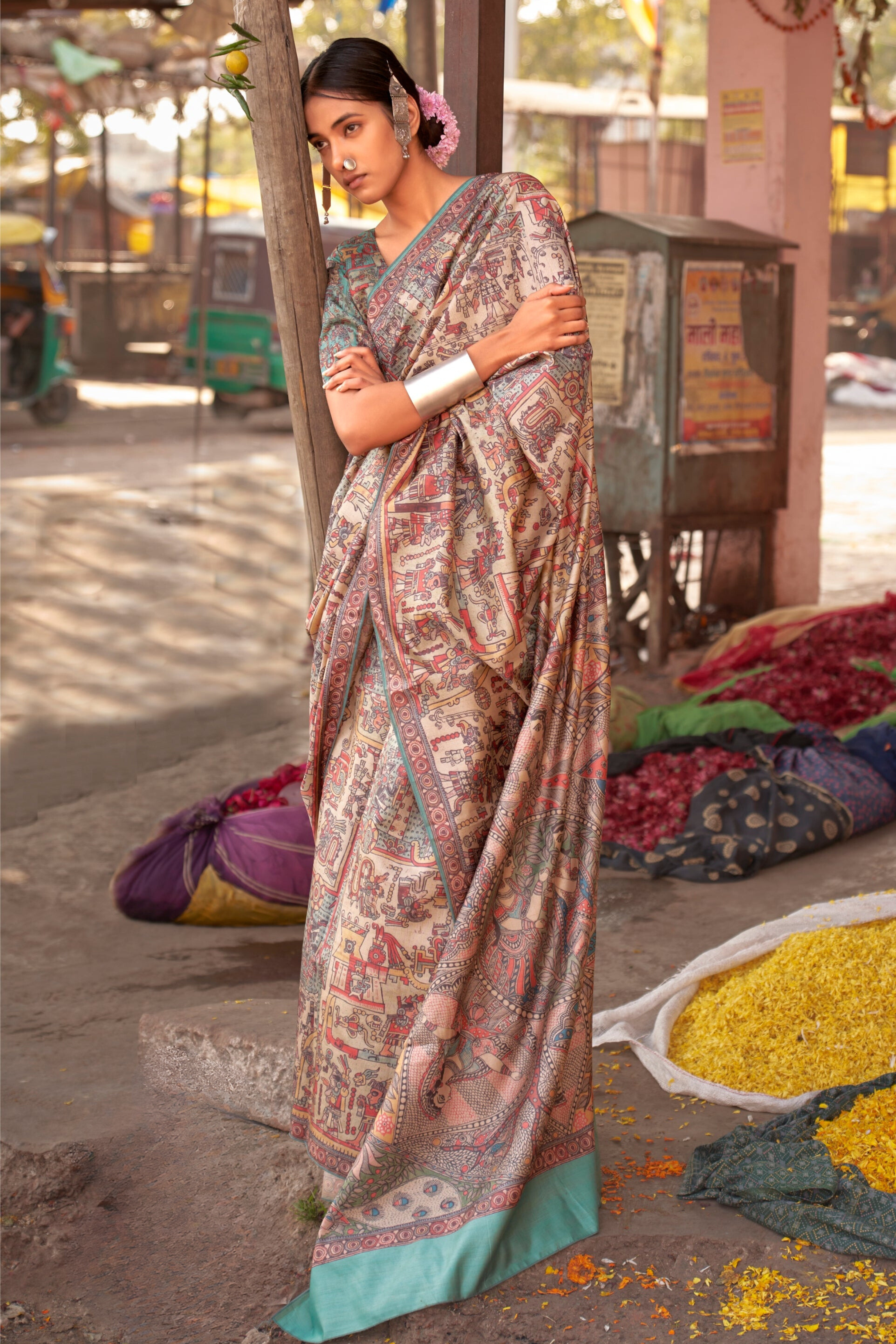 Buy MySilkLove Copper Penny Brown Madhubani Work Digital Printed Saree Online