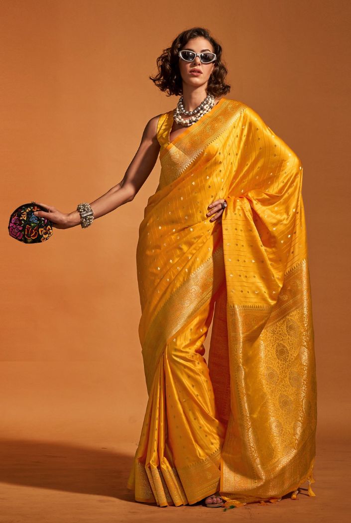 Buy MySilkLove Tulip Tree Yellow Handloom Satin Silk Saree Online