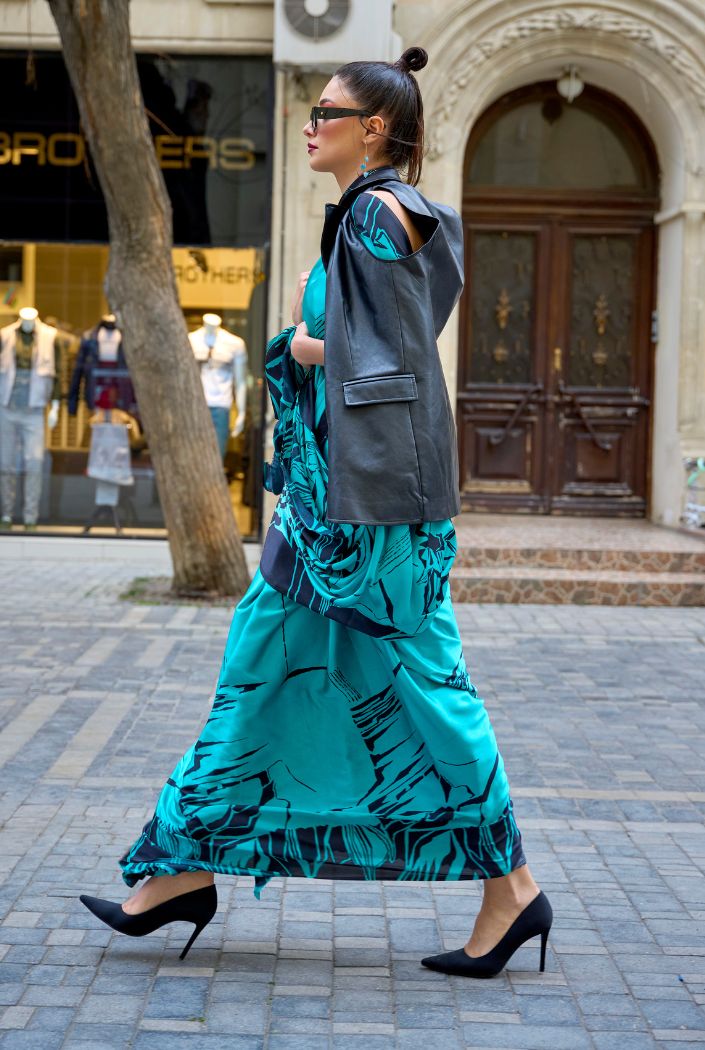 Buy MySilkLove Pacific Blue Printed Satin Silk Saree Online