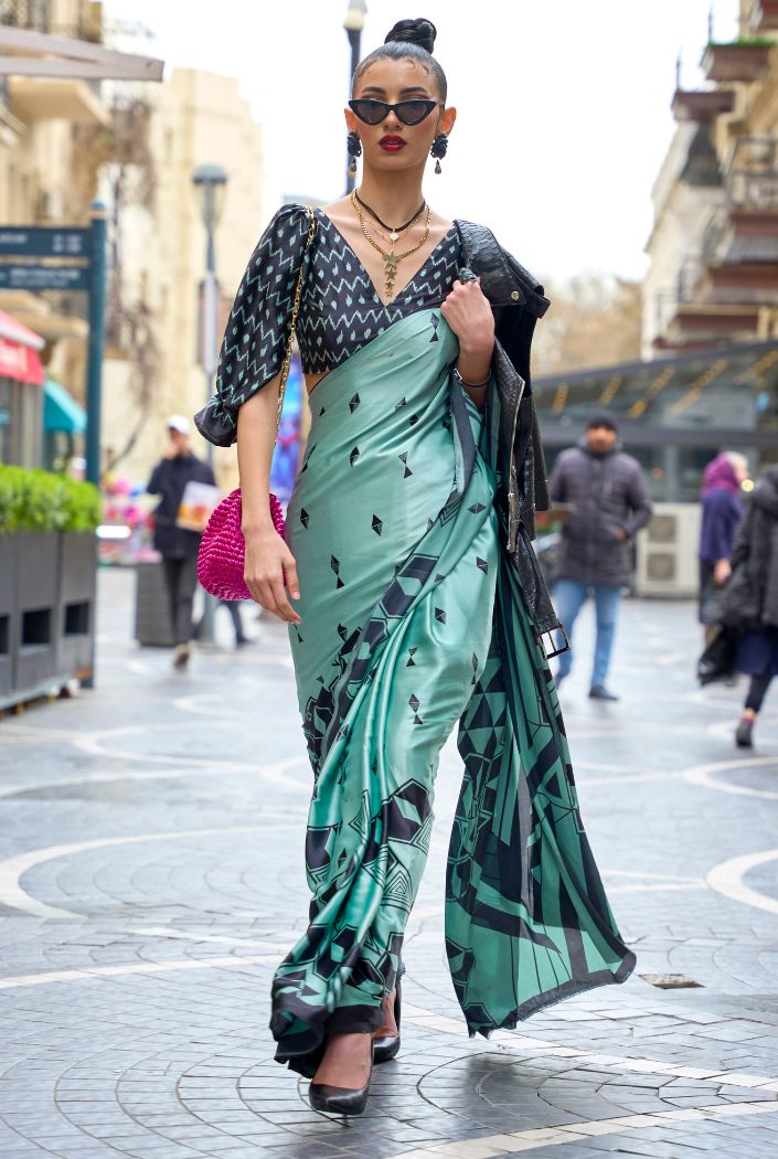 Buy MySilkLove Neptune Green Printed Satin Silk Saree Online