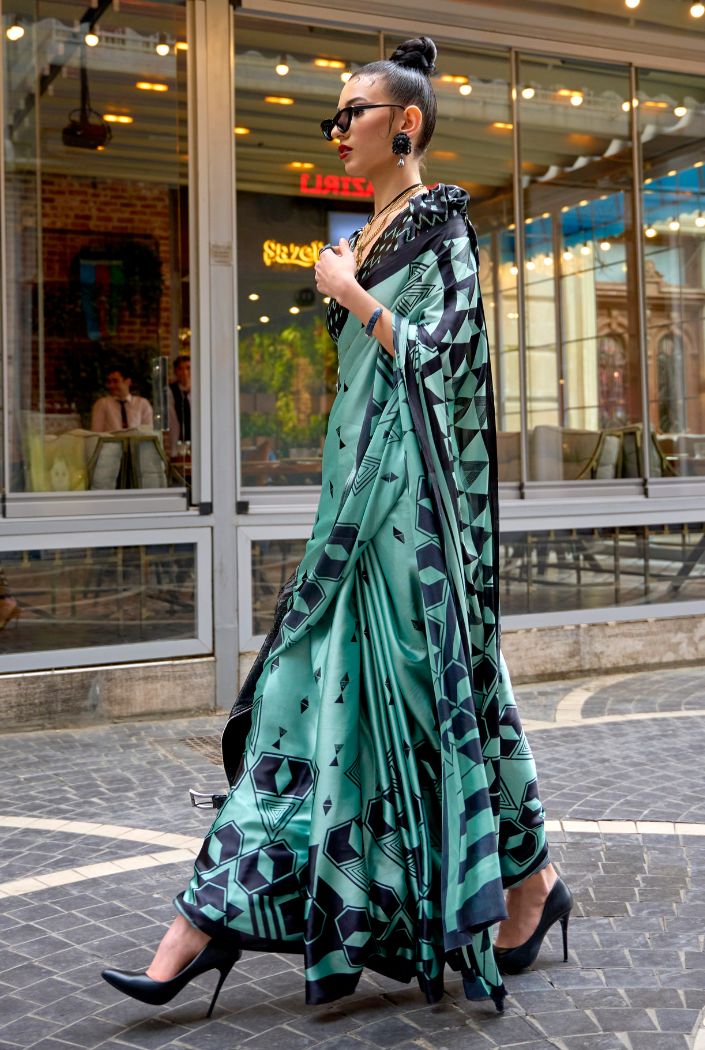 Buy MySilkLove Neptune Green Printed Satin Silk Saree Online