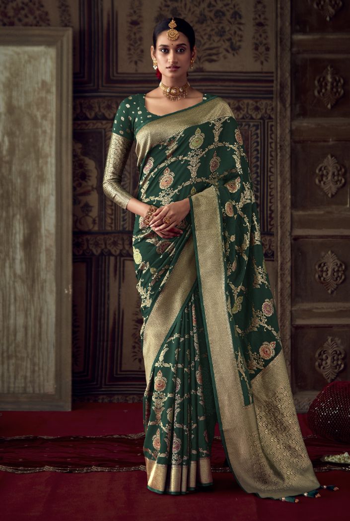 Buy MySilkLove Nandor Green Designer Banarasi Silk Saree Online