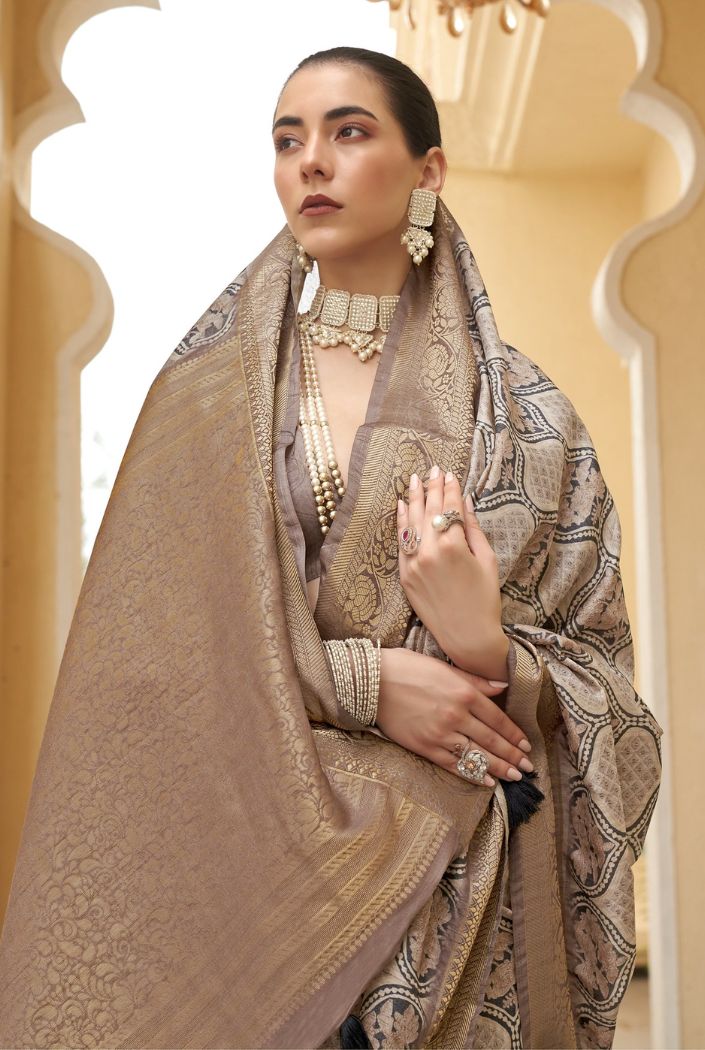 MySilkLove Indian Khaki Brown Digital Printed Tussar Silk Saree