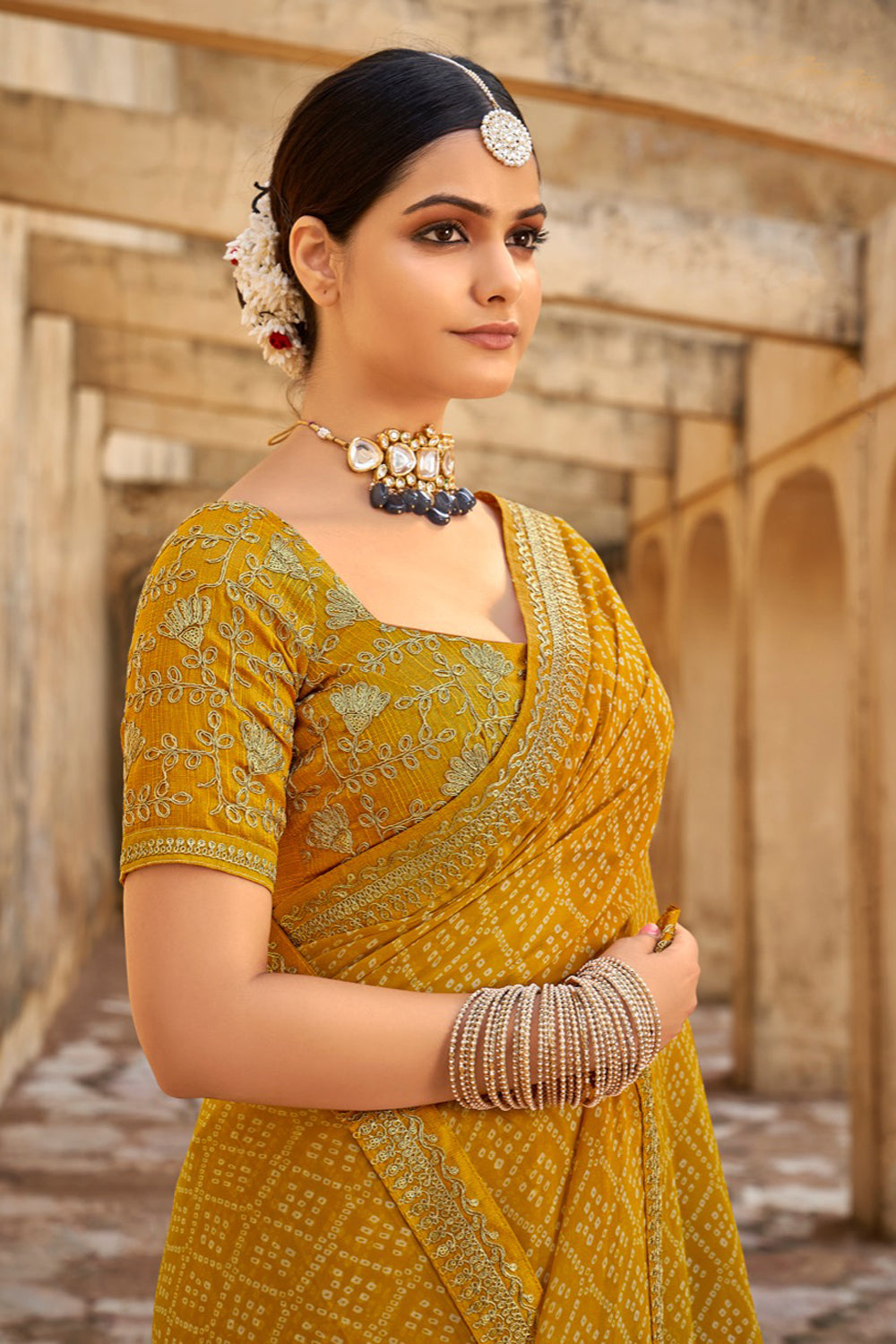 Buy MySilkLove Rajah Yellow Georgette Leheriya Printed Saree with Embroidered Blouse Online