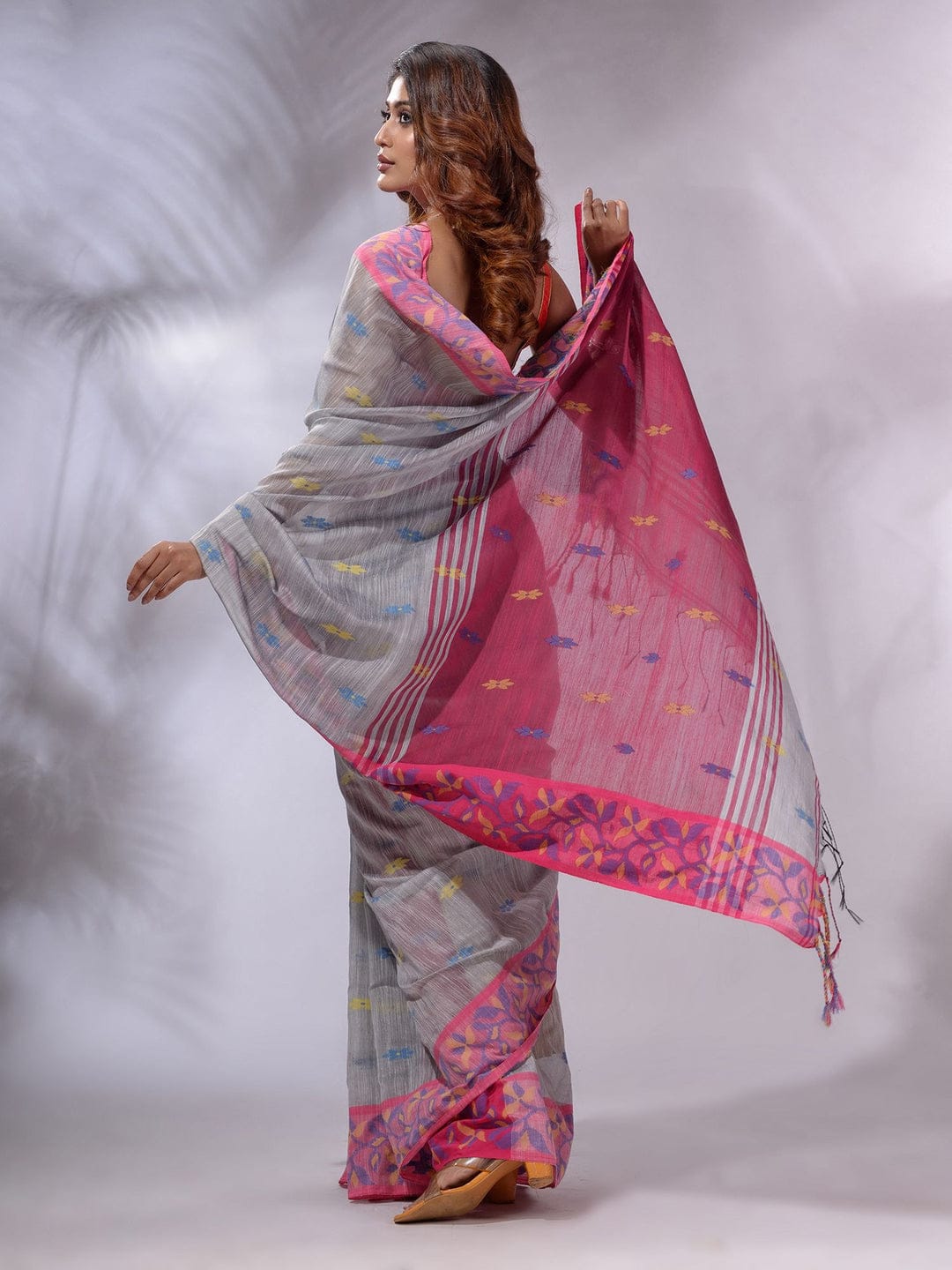 Buy MySilkLove Old Grey and Pink Cotton Saree with Jackqurd Border Online