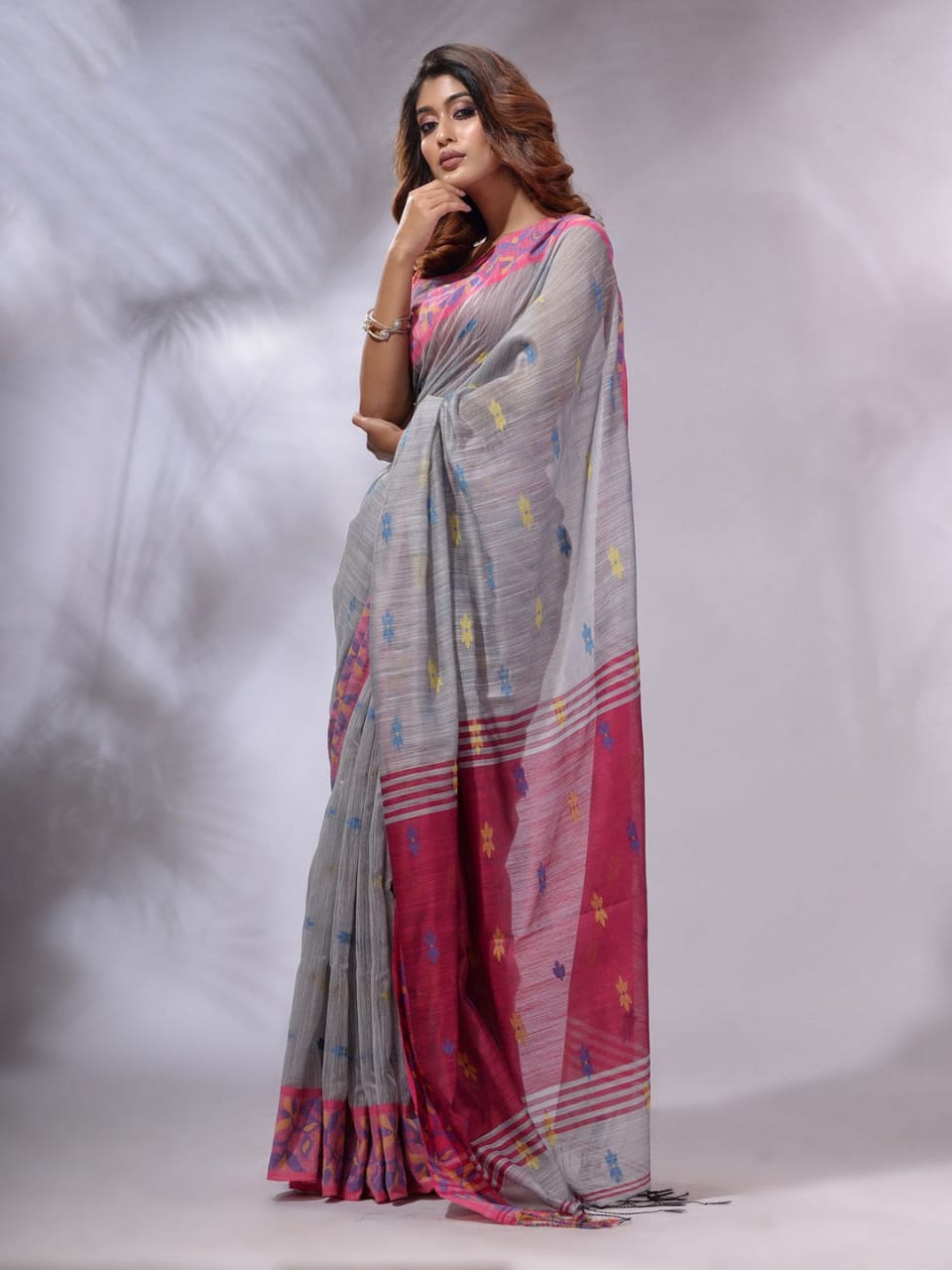 Buy MySilkLove Old Grey and Pink Cotton Saree with Jackqurd Border Online