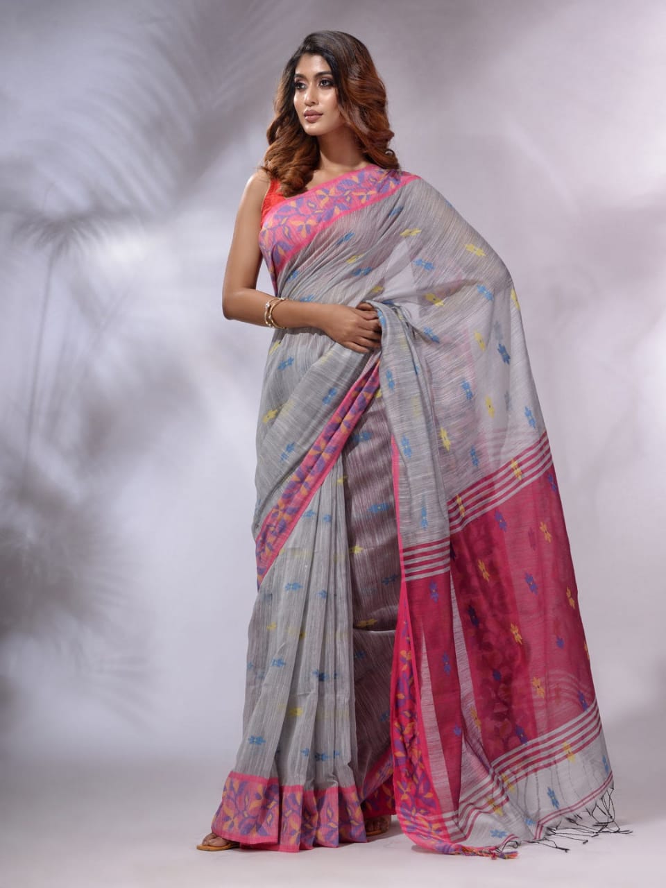 Buy MySilkLove Old Grey and Pink Cotton Saree with Jackqurd Border Online