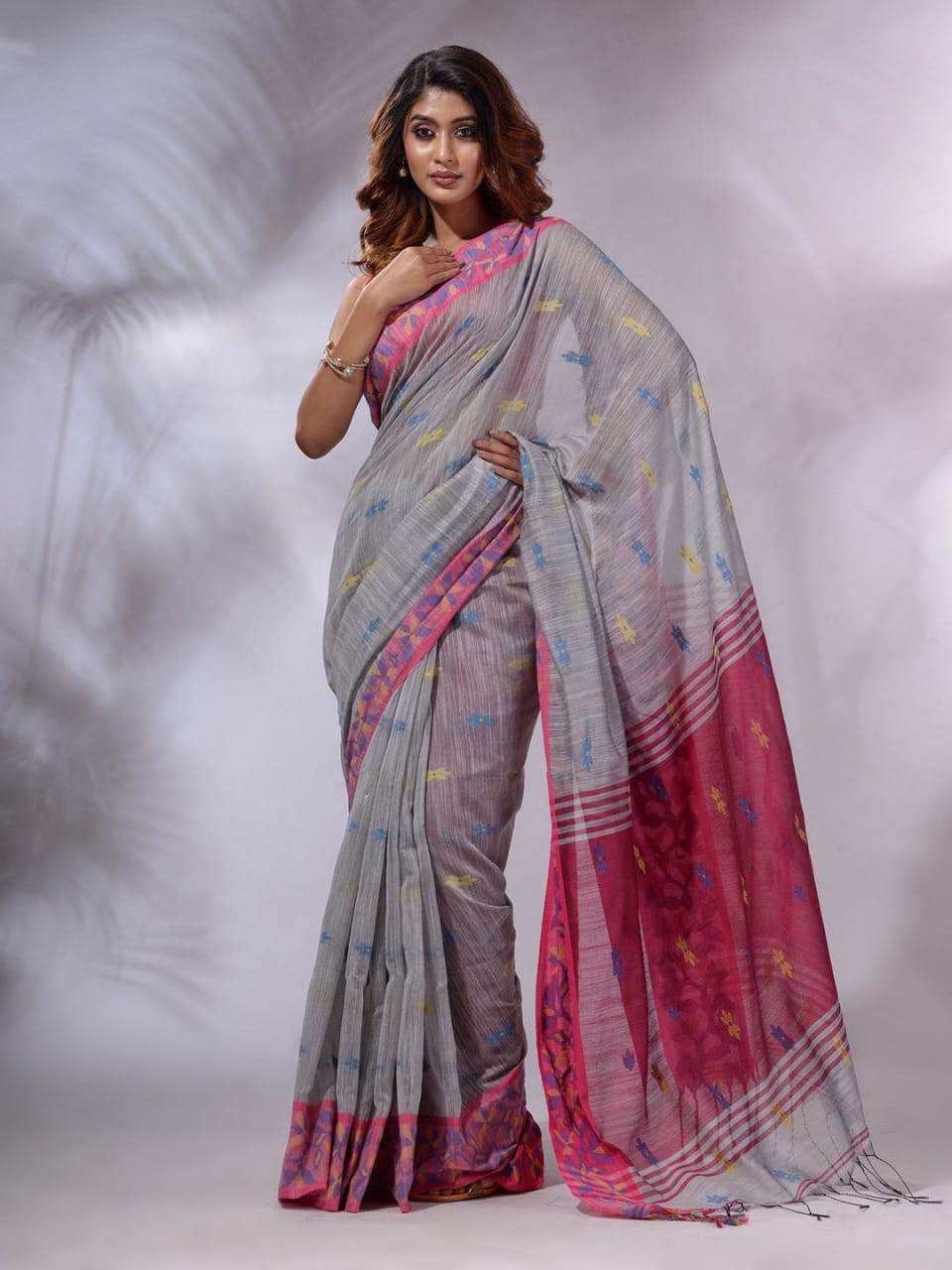 Buy MySilkLove Old Grey and Pink Cotton Saree with Jackqurd Border Online