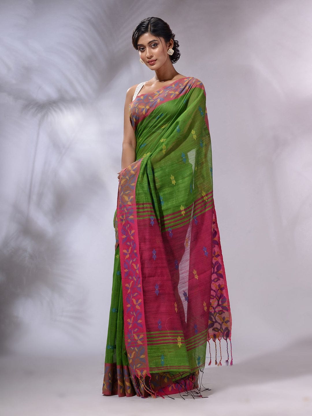 Buy MySilkLove Clover Green and Pink Cotton Saree with Jackqurd Border Online