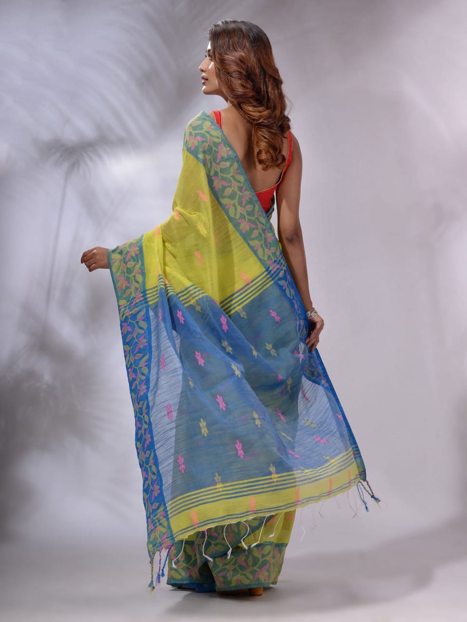 Buy MySilkLove Tacha Yellow and Blue Cotton Saree with Jackqurd Border Online