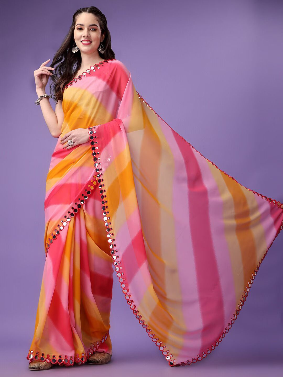 Buy MySilkLove Mauvelous Pink and Yellow Georgette Lehriya Silk saree Online