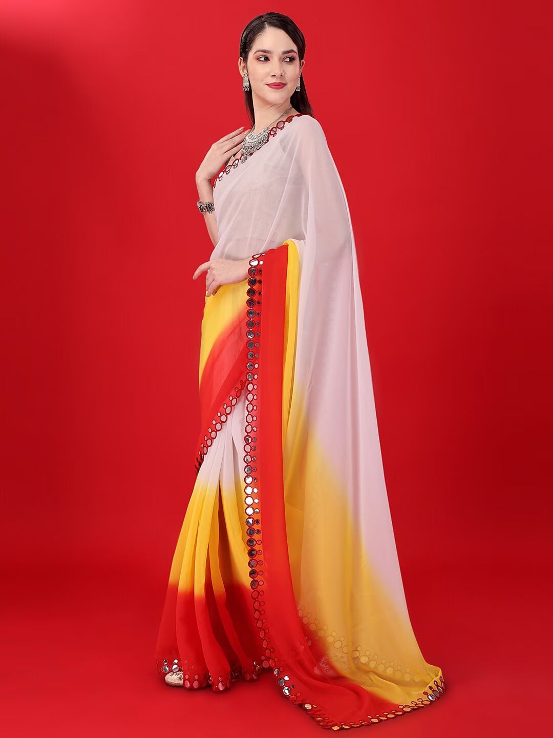 Buy MySilkLove Blossom Pink and Yellow Georgette Silk saree Online