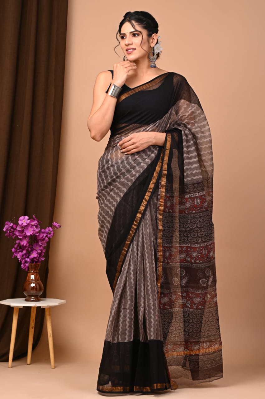 Buy MySilkLove Hemp Grey Handblock Kota Doriya Saree Online