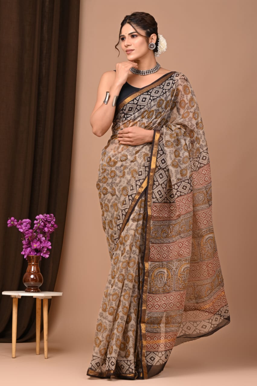 Buy MySilkLove Whiskey Brown Handblock Kota Doriya Saree Online