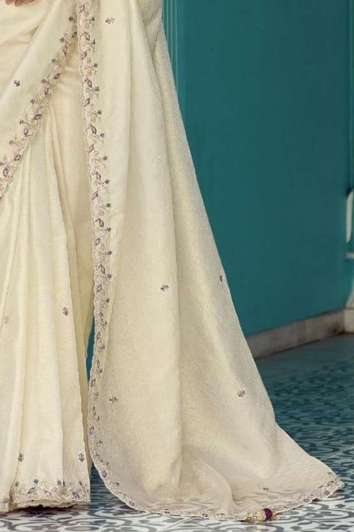 Buy MySilkLove Moon White Embroidered Tissue Designer Saree Online