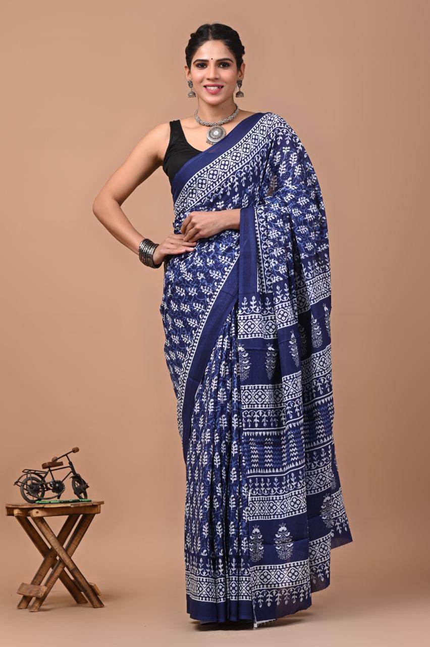 Buy MySilkLove Casper Blue Mulmul Cotton Saree Online
