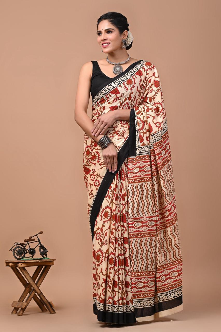 Buy MySilkLove Almond Cream and Red Mulmul Cotton Saree Online