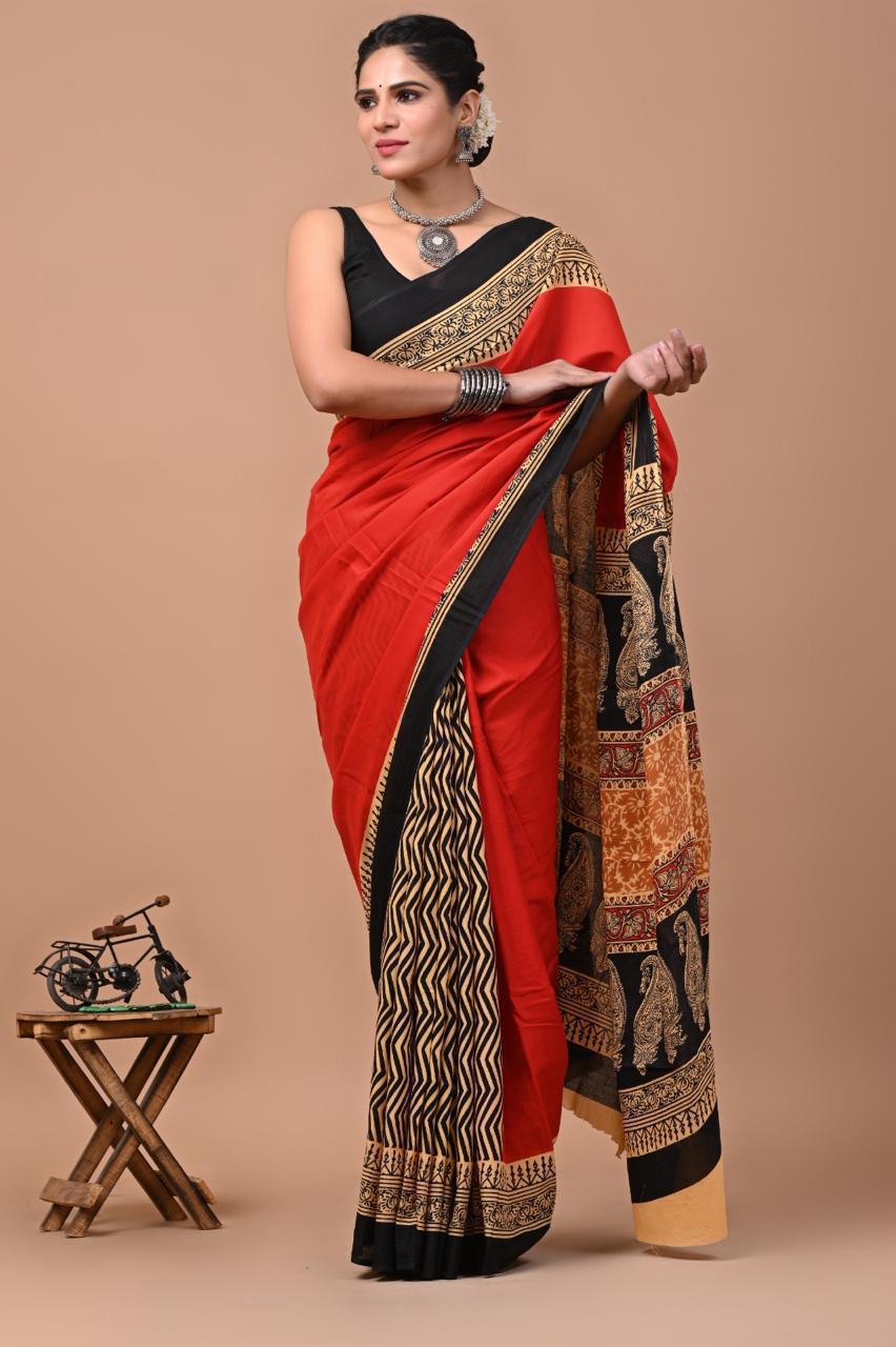 Buy MySilkLove Ruby Red Mulmul Cotton Saree Online