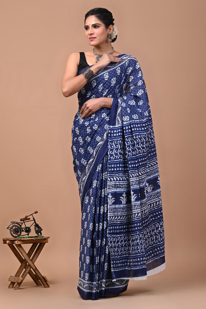 Buy MySilkLove Berry Blue Mulmul Cotton Saree Online