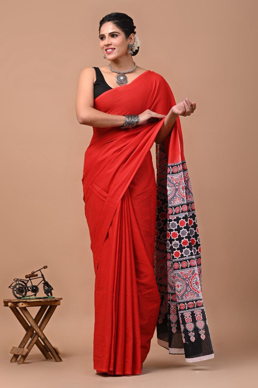 Buy MySilkLove Chilli Red Mulmul Cotton Saree Online