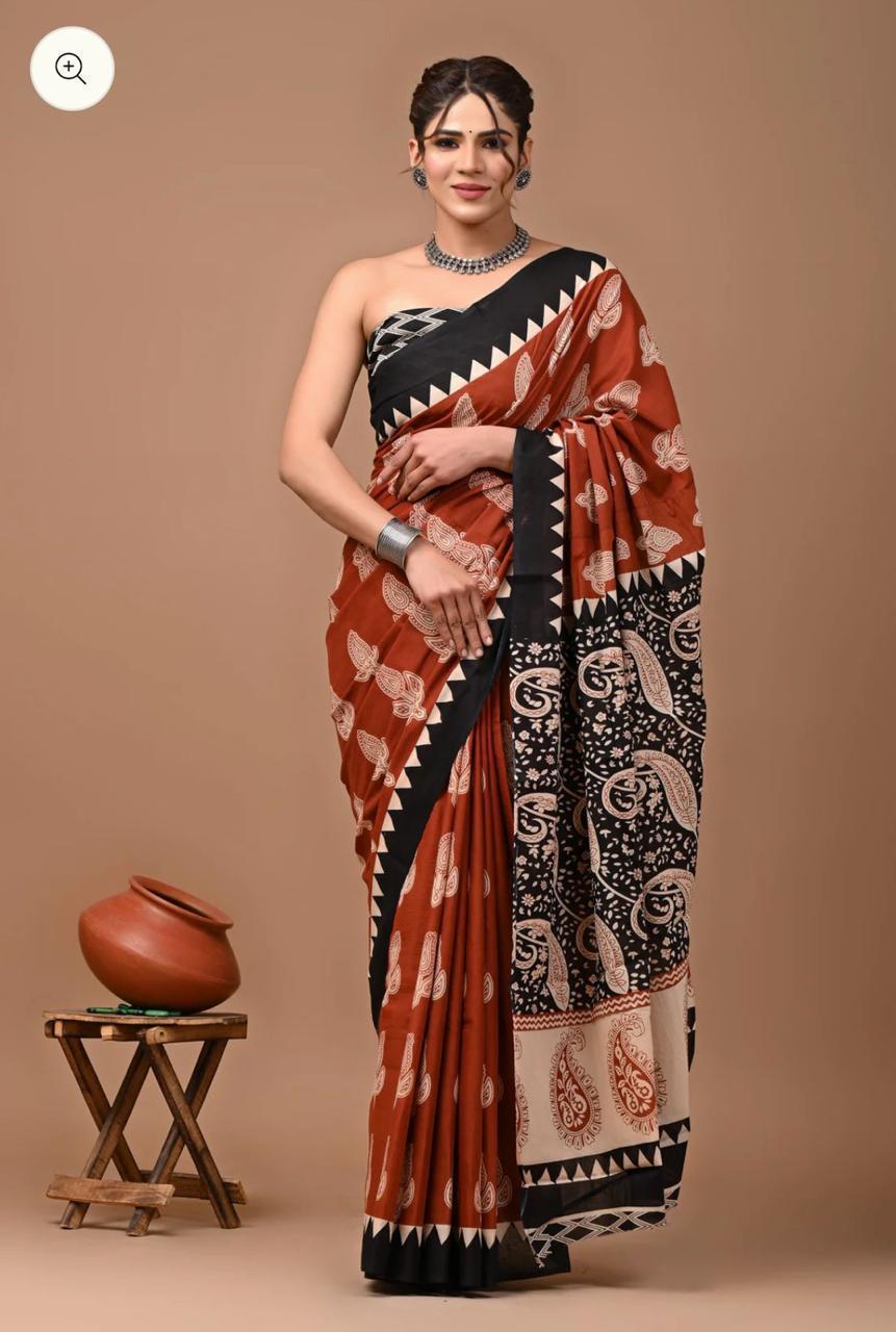 Buy MySilkLove Rust Red Jaipuri  Mulmul Cotton Saree Online