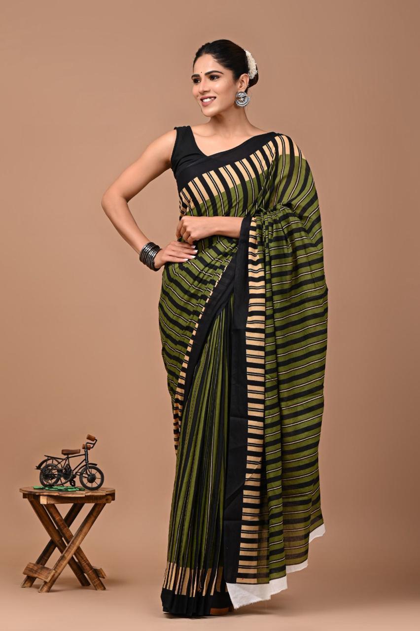 Buy MySilkLove Raven Green and Black Mulmul Cotton Saree Online