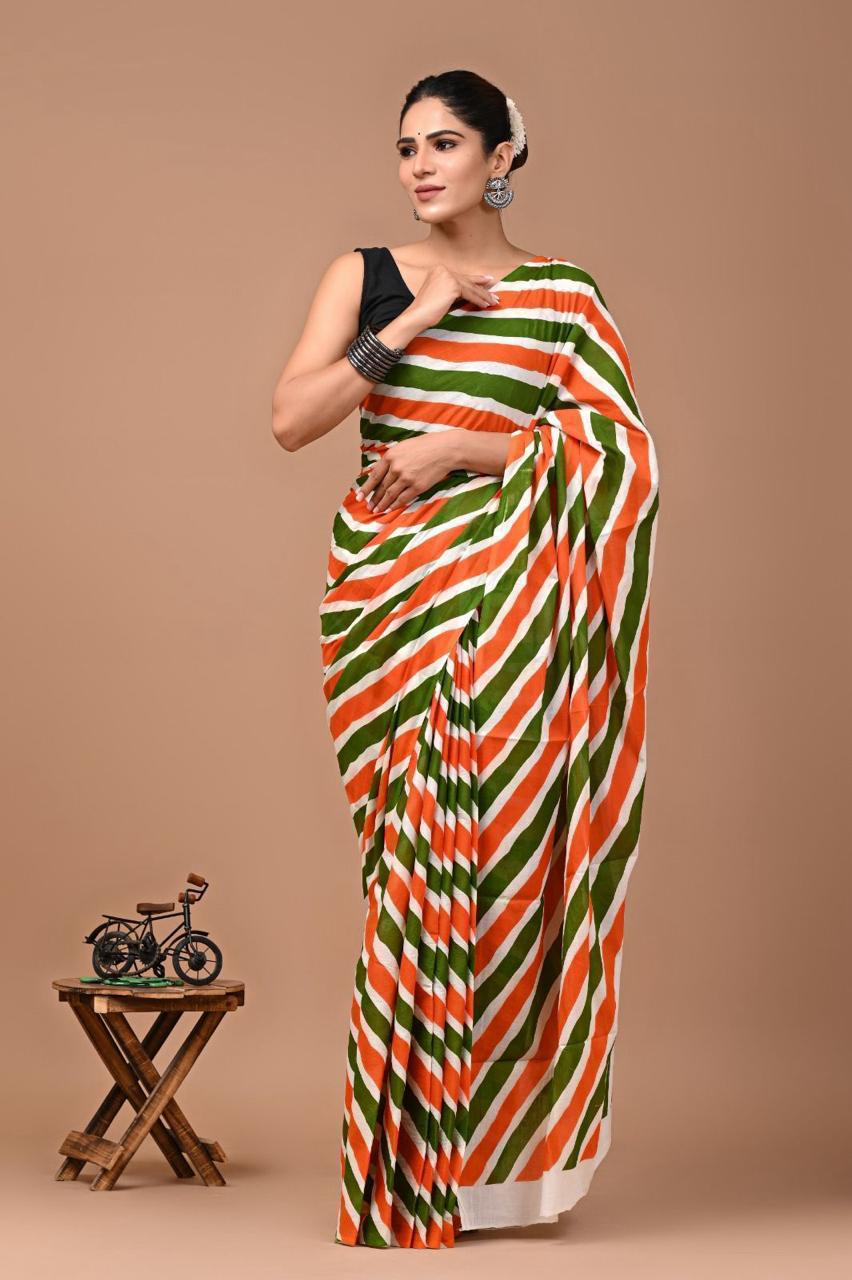 Buy MySilkLove Rust ornage and Green Mulmul Cotton Saree Online