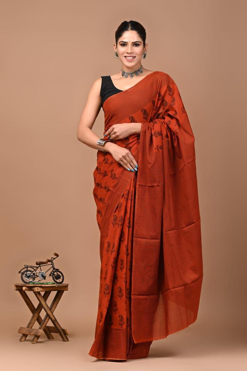 Buy MySilkLove Coral Red Mulmul Cotton Saree Online