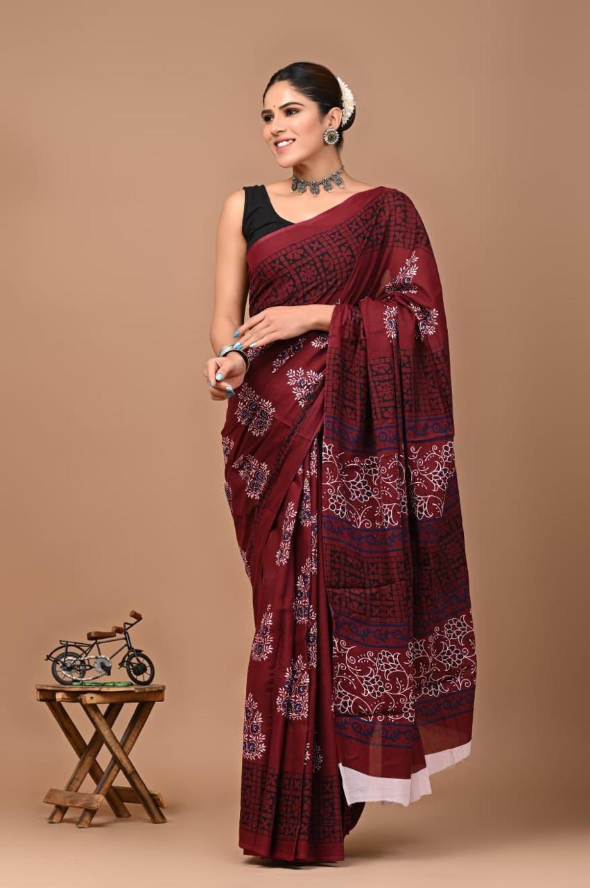 Buy MySilkLove Mulberry Maroon Mulmul Cotton Saree Online