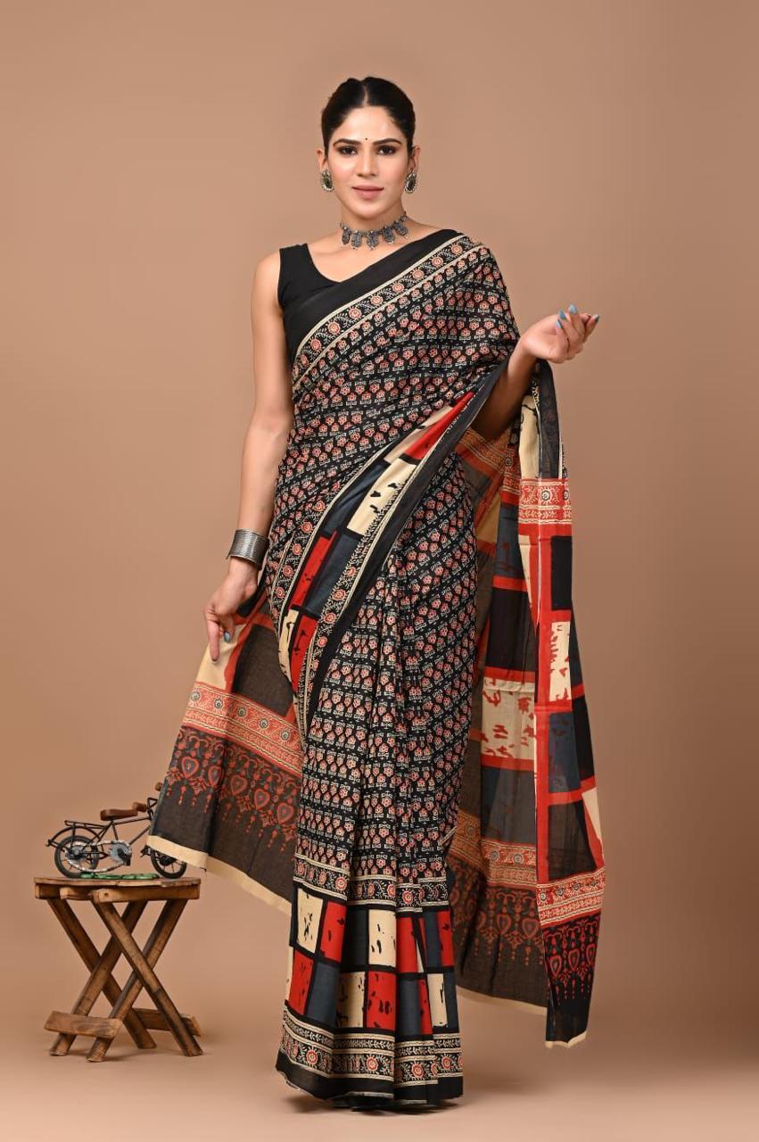 Buy MySilkLove Ebony Black Mulmul Cotton Saree Online