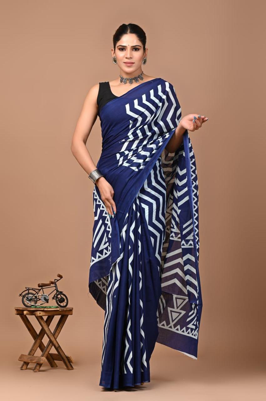 Buy MySilkLove Midnight Blue Mulmul Cotton Saree Online