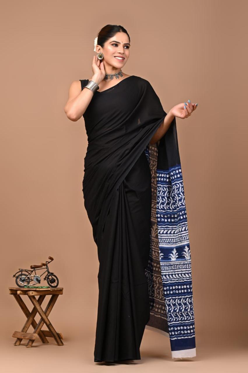 Buy MySilkLove Aged Black Ajrakh Mulmul Cotton Saree Online