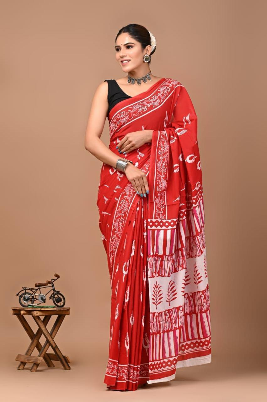 Buy MySilkLove Apple Red Mulmul Cotton Saree Online