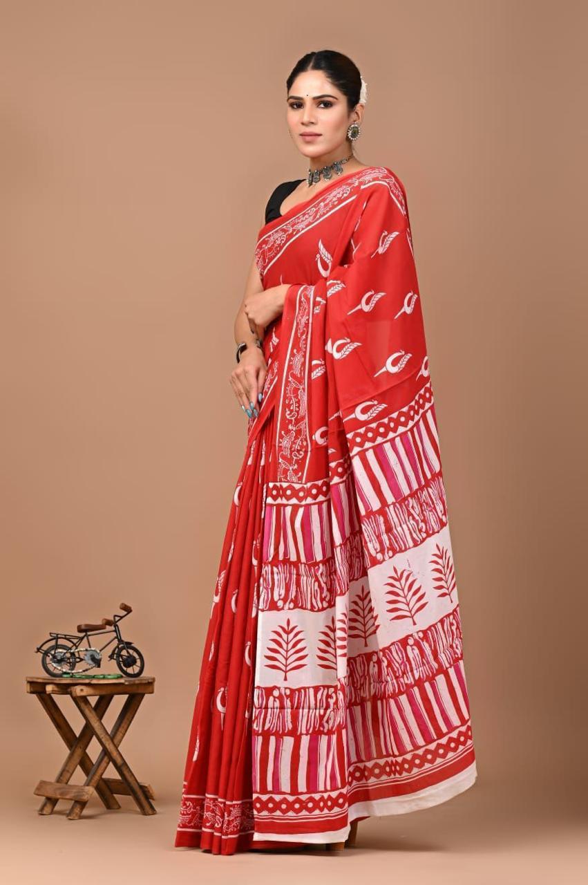 MySilkLove Apple Red Mulmul Cotton Saree