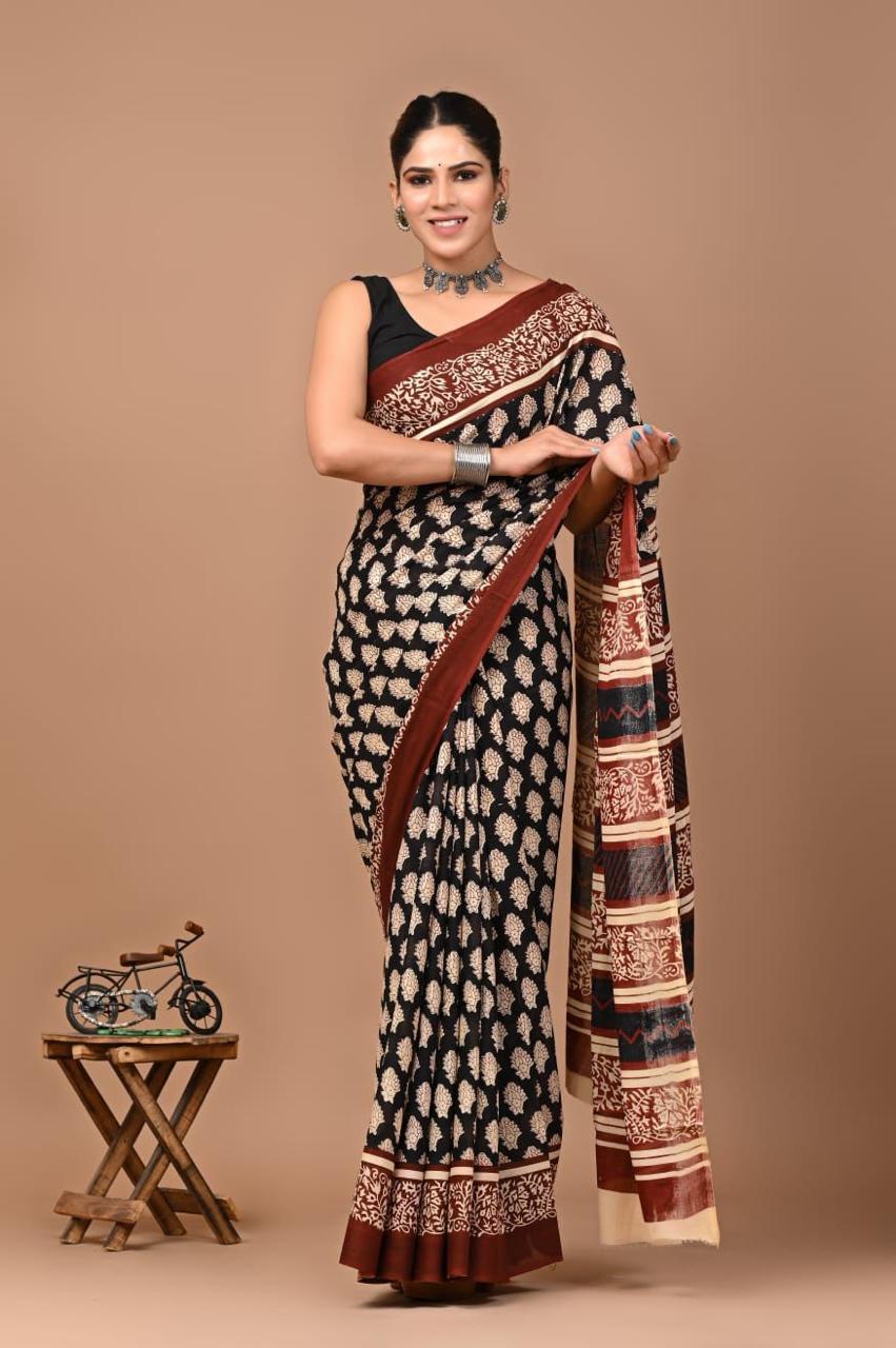 Buy MySilkLove Licorice Black Mulmul Cotton Saree Online