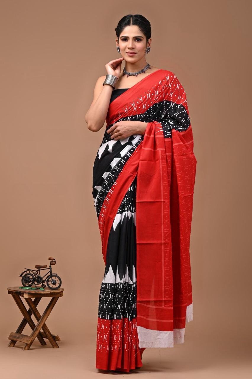 Buy MySilkLove Crow Black and Red Mulmul Cotton Saree Online