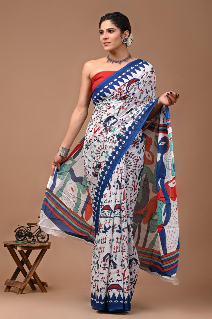 Buy MySilkLove Eggshell White and Blue Mulmul Cotton Saree Online
