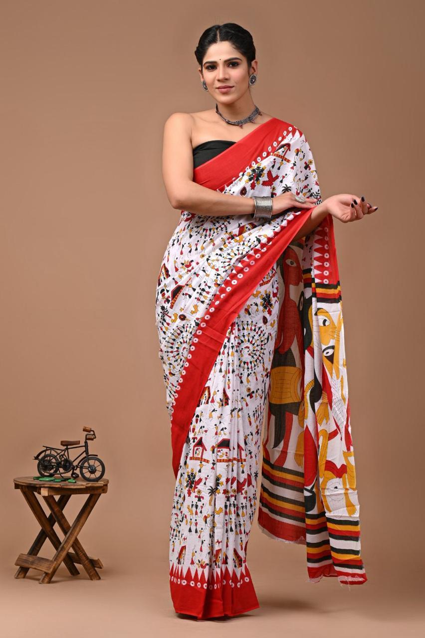 Buy MySilkLove Ivory White and Red Mulmul Cotton Saree Online