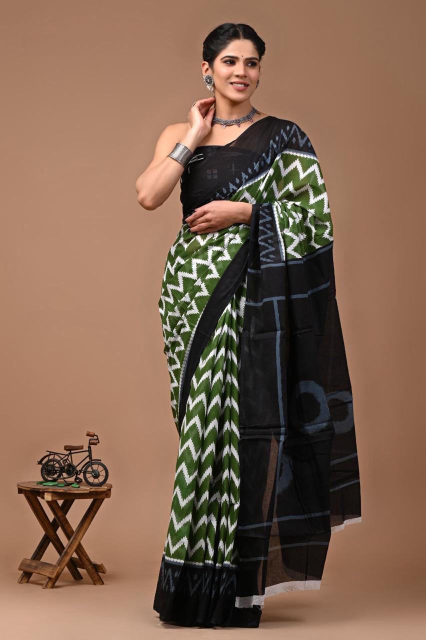Buy MySilkLove Myrtle Green Mulmul Cotton Saree Online