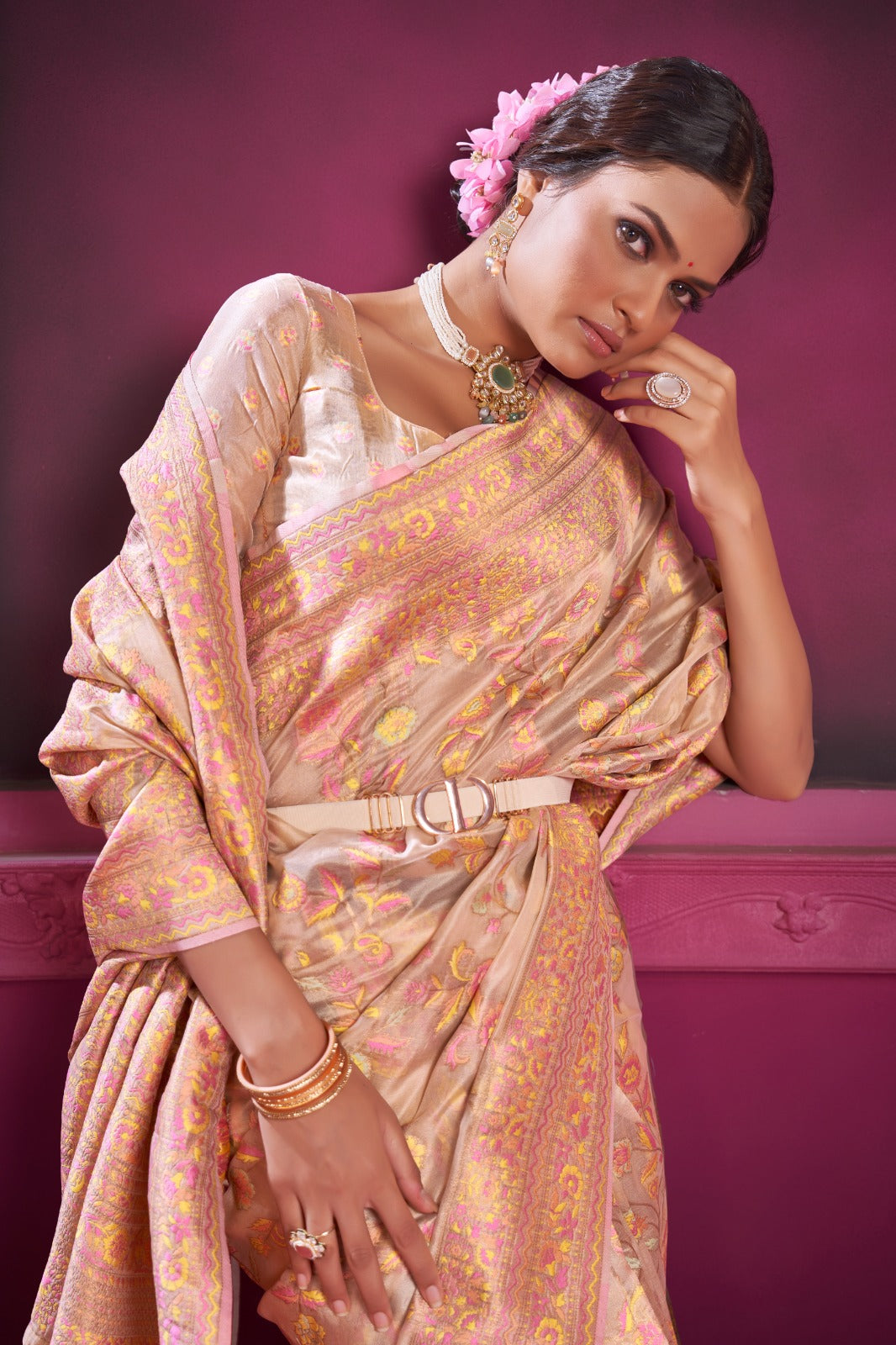 Buy MySilkLove Rose Bud Peach Kashmiri Organza Handloom Saree Online