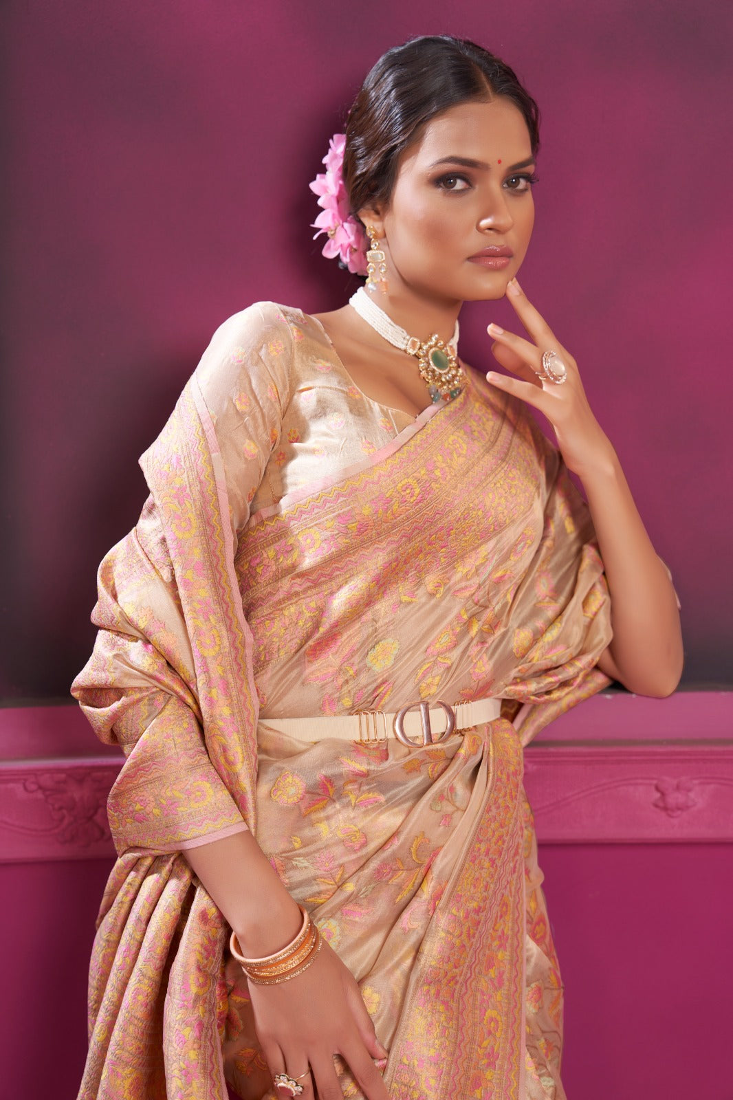 Buy MySilkLove Rose Bud Peach Kashmiri Organza Handloom Saree Online