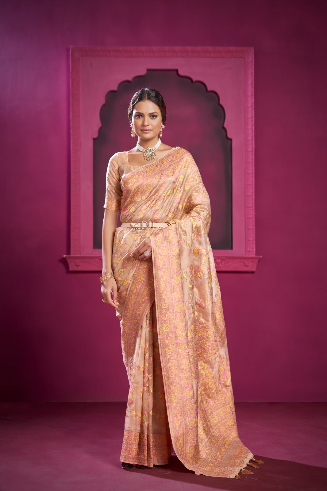 Buy MySilkLove Rose Bud Peach Kashmiri Organza Handloom Saree Online