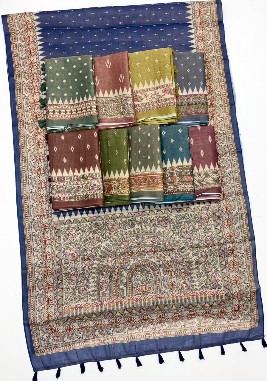 Buy MySilkLove Blue Kalmakari Linen Cotton Printed Saree Online