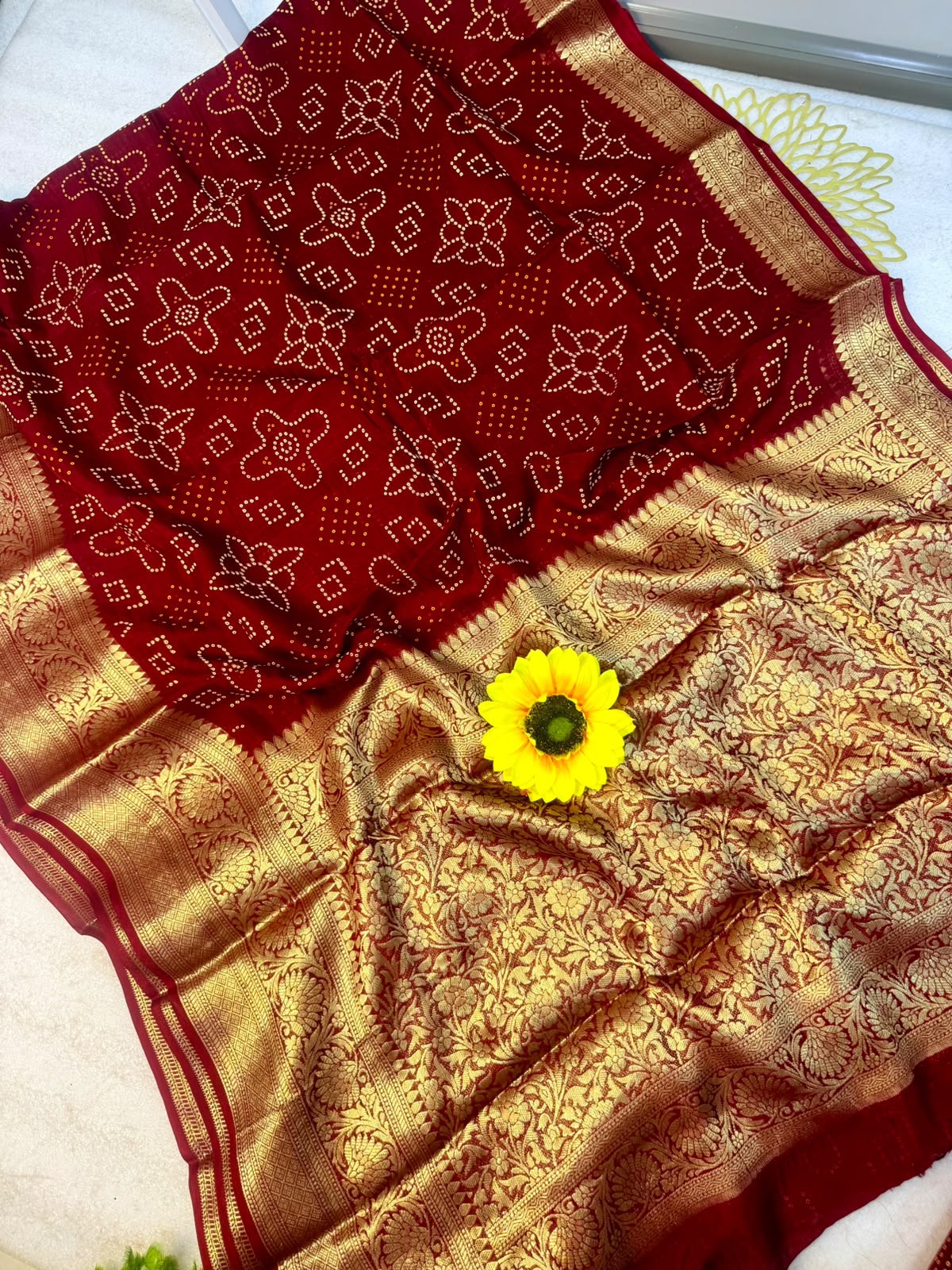 Buy MySilkLove Canary Red Bandhani Zari Woven Silk Saree Online