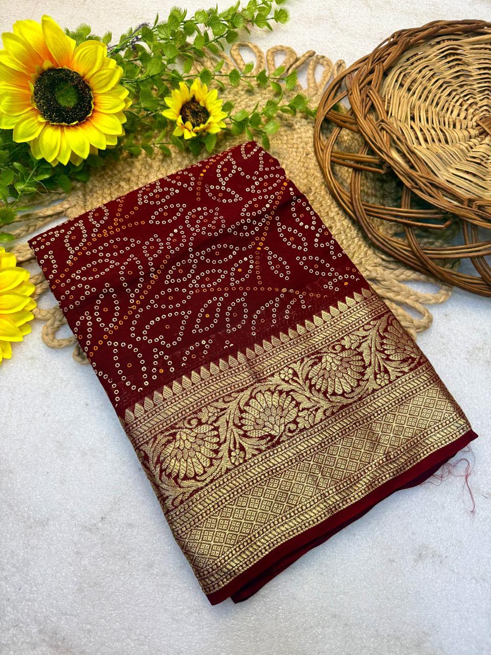 Buy MySilkLove Canary Red Bandhani Zari Woven Silk Saree Online