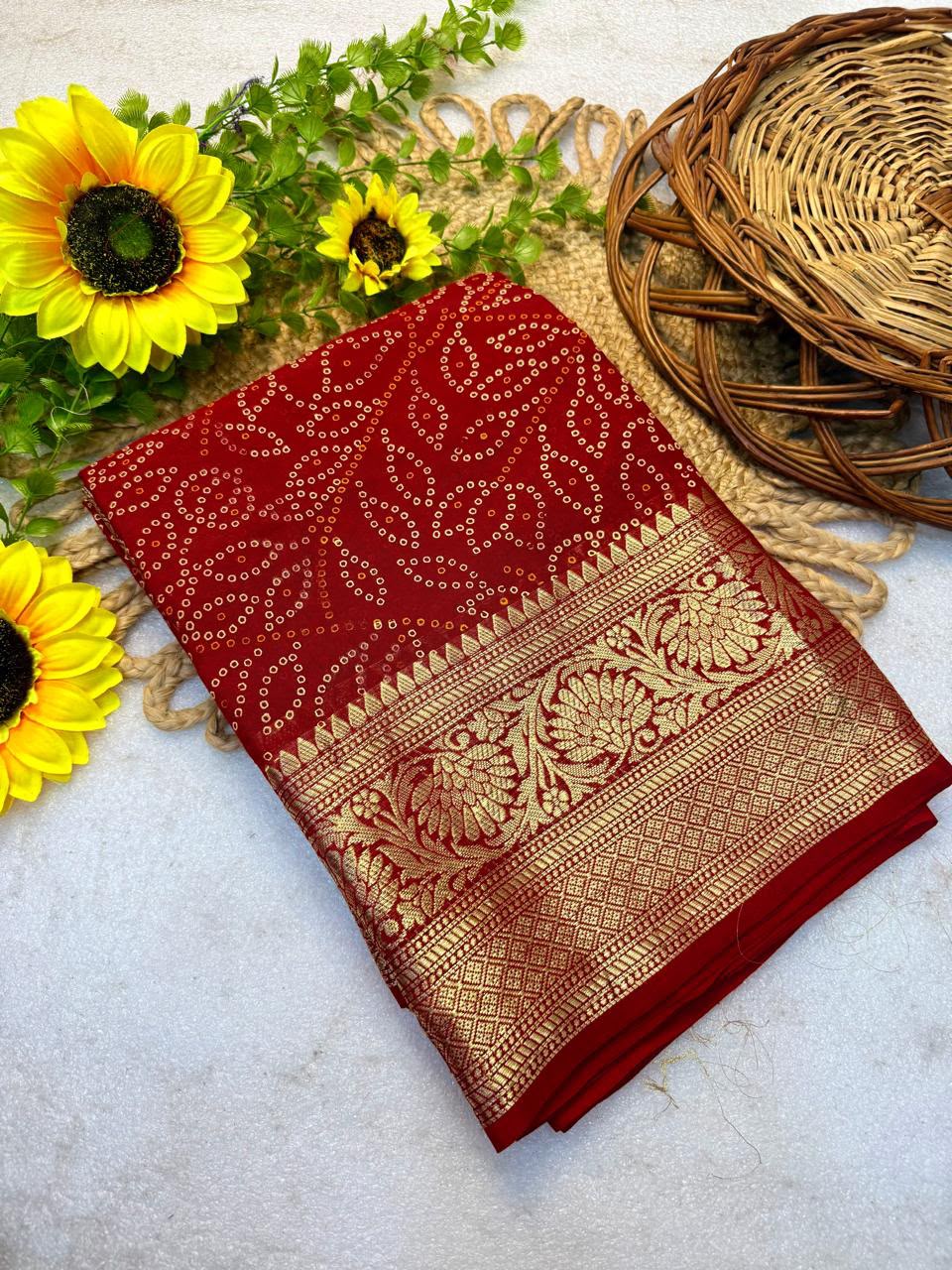 Buy MySilkLove Canary Red Bandhani Zari Woven Silk Saree Online